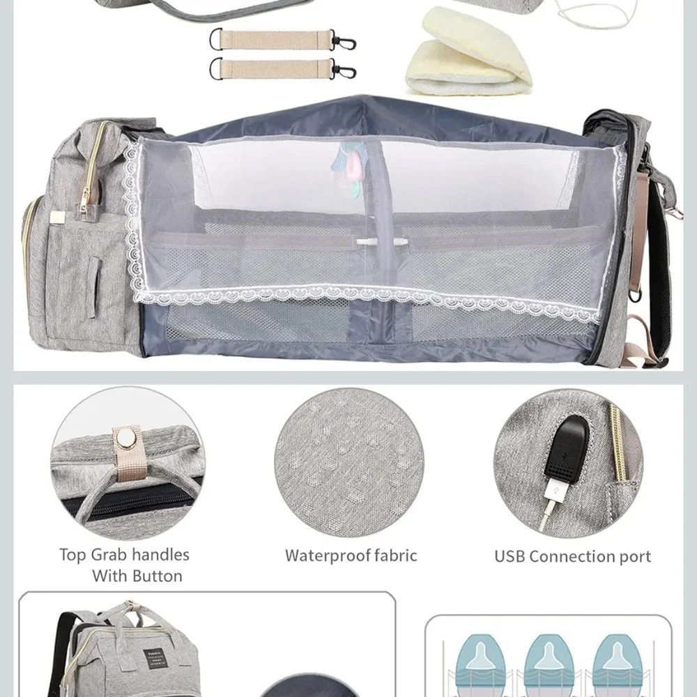 Grey Multifunctional Baby Diaper Backpack Bag